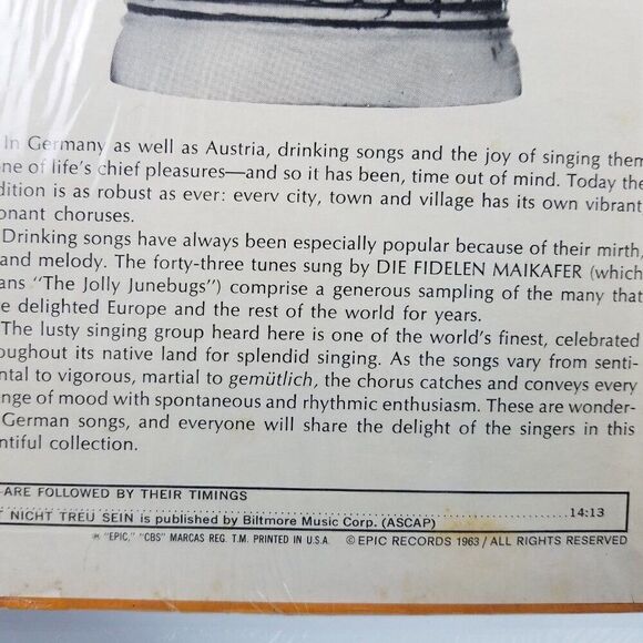 Vintage 1963 Vinyl LP Treasury Of German Party Drinking Songs Epic Record Label - Picture 6 of 9